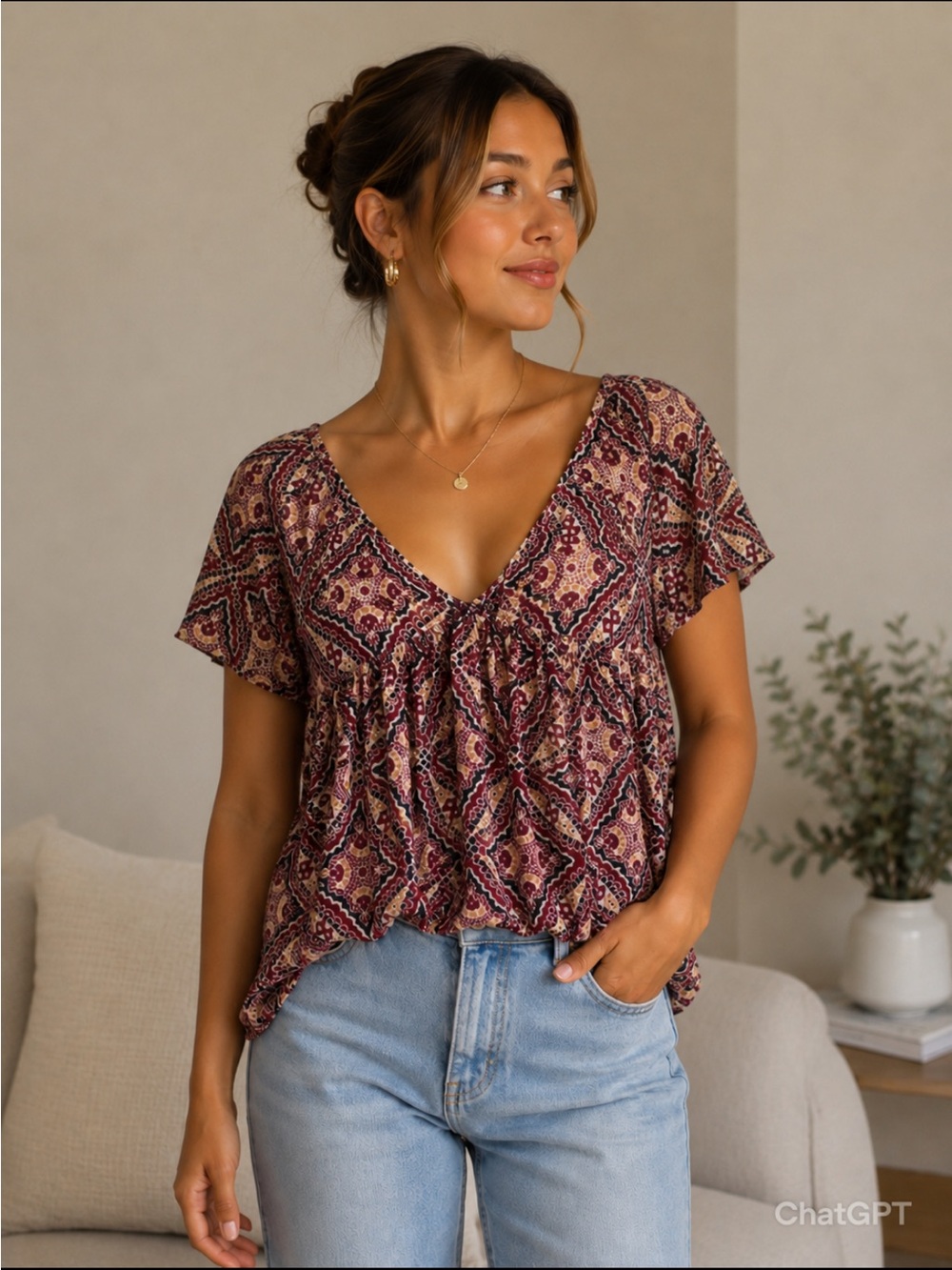 Abercrombie & Fitch Burgundy and Cream Printed V-Neck Flutter Sleeve Top